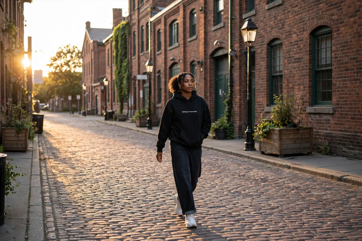 Woman wearing a black BAFVO hoodie walking through Toronto's Distillery District at golden hour