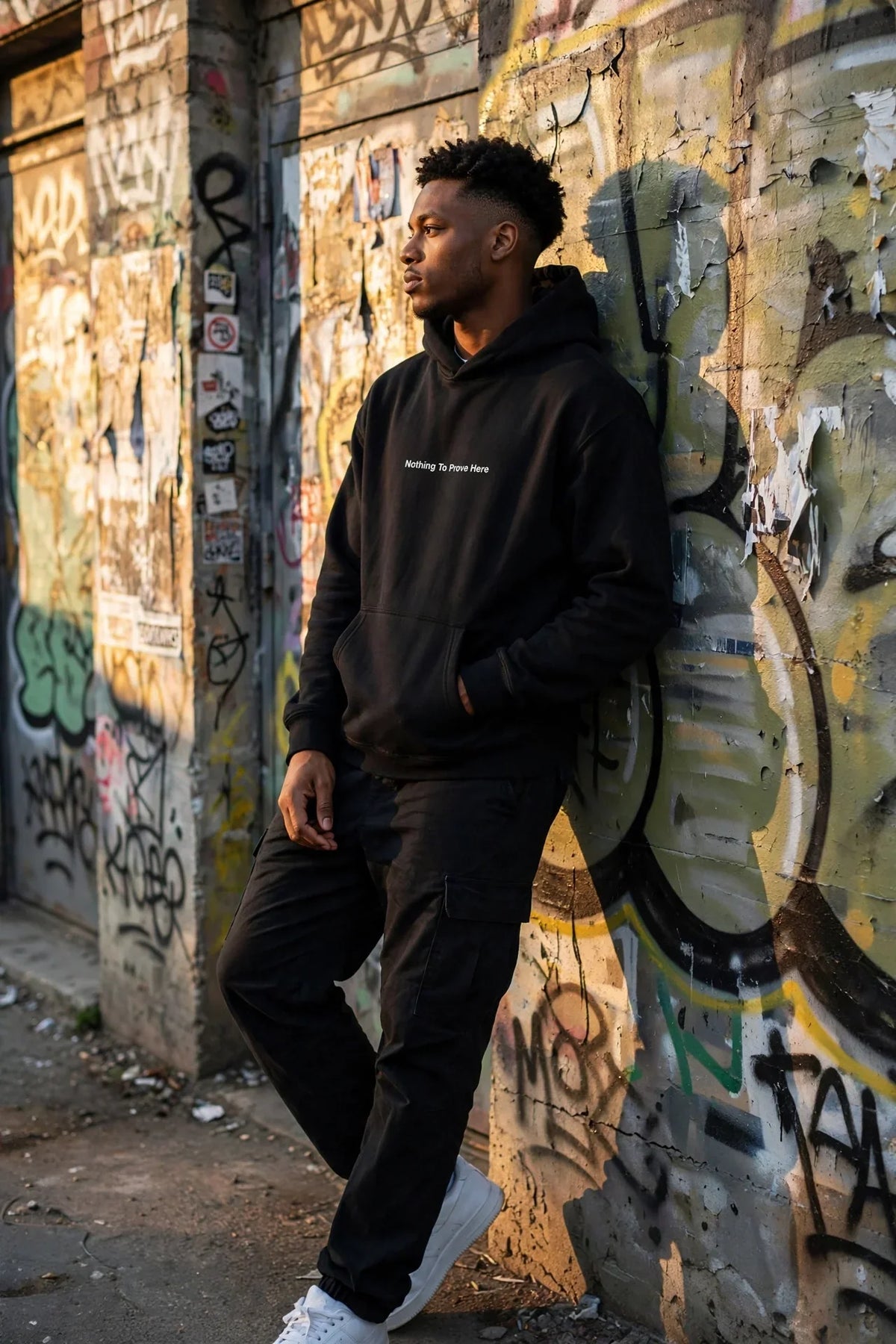 Man wearing a BAFVO Essential Heavyweight Hoodie full outfit against a graffiti wall in a Toronto alley