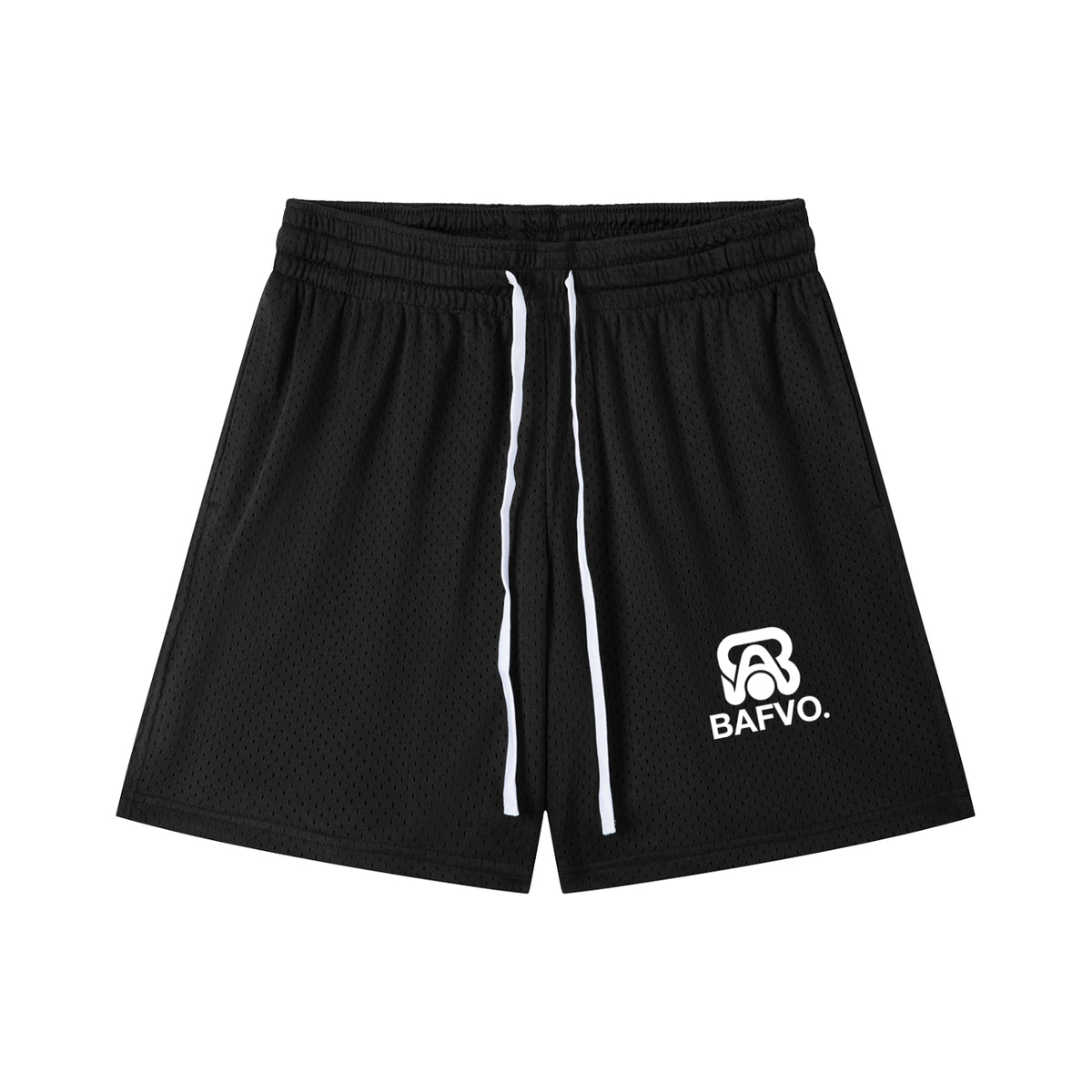 Black BAFVO mesh shorts with white drawstrings and printed BAFVO logo