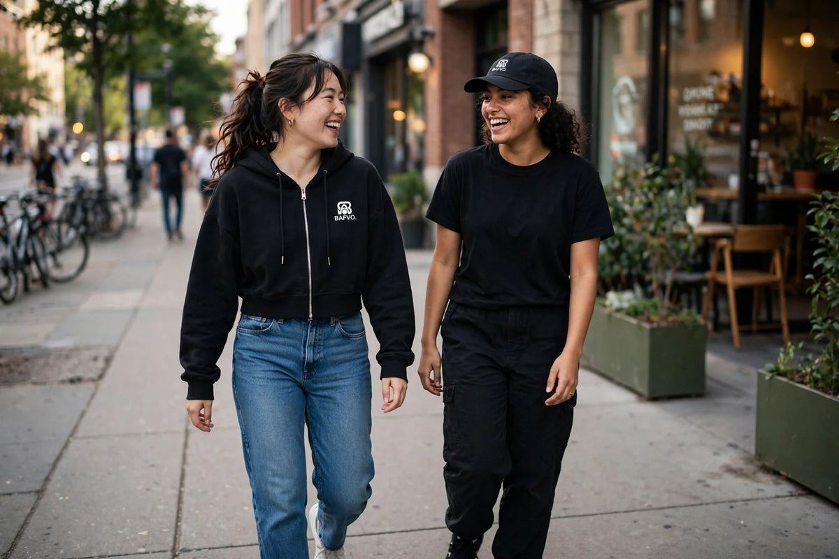 Black BAFVO zip-up hoodie worn with jeans on Queen West in Toronto