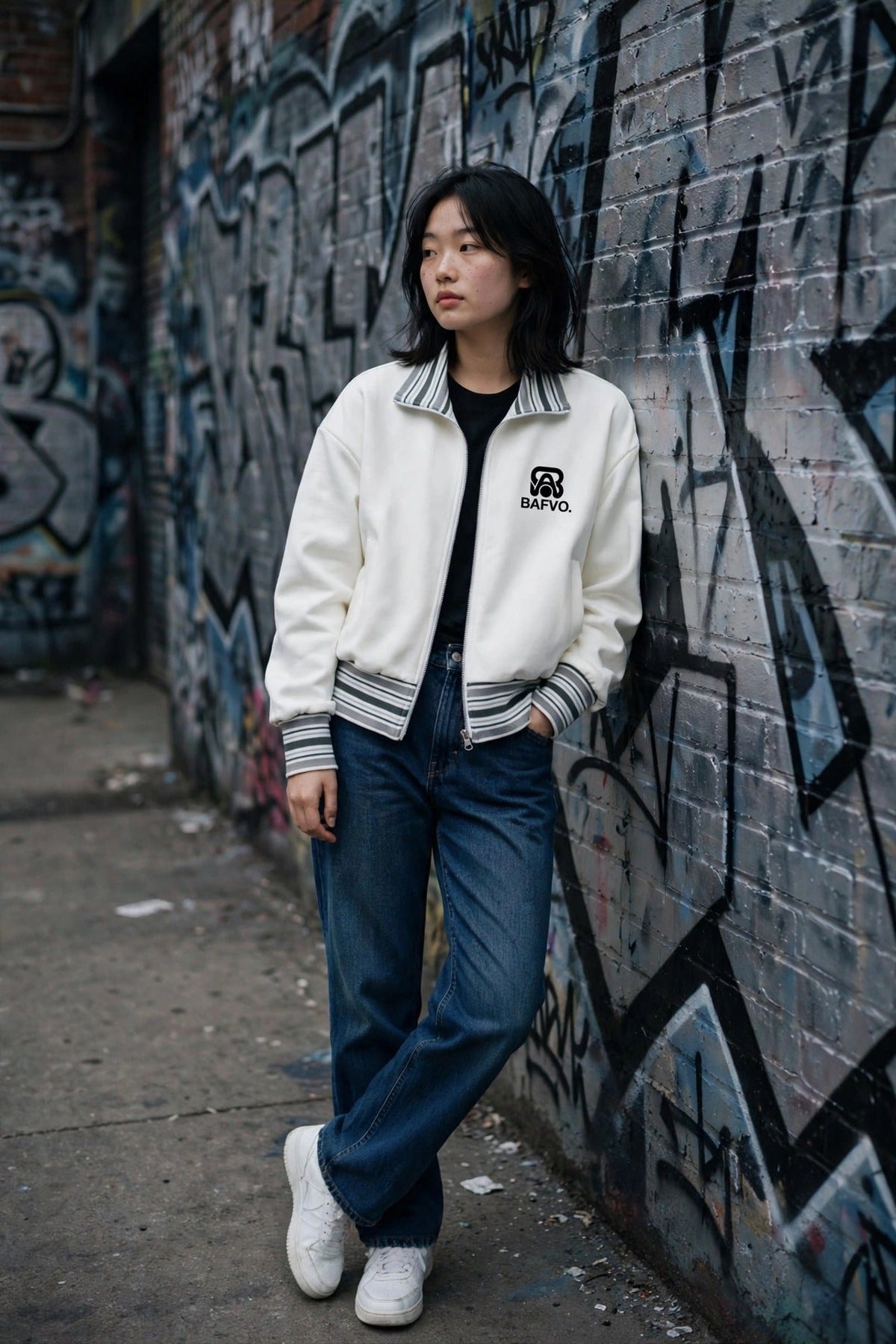 Person leaning against a graffiti-covered brick wall wearing a white zip-up striped jacket over a black tee with jeans and white sneakers