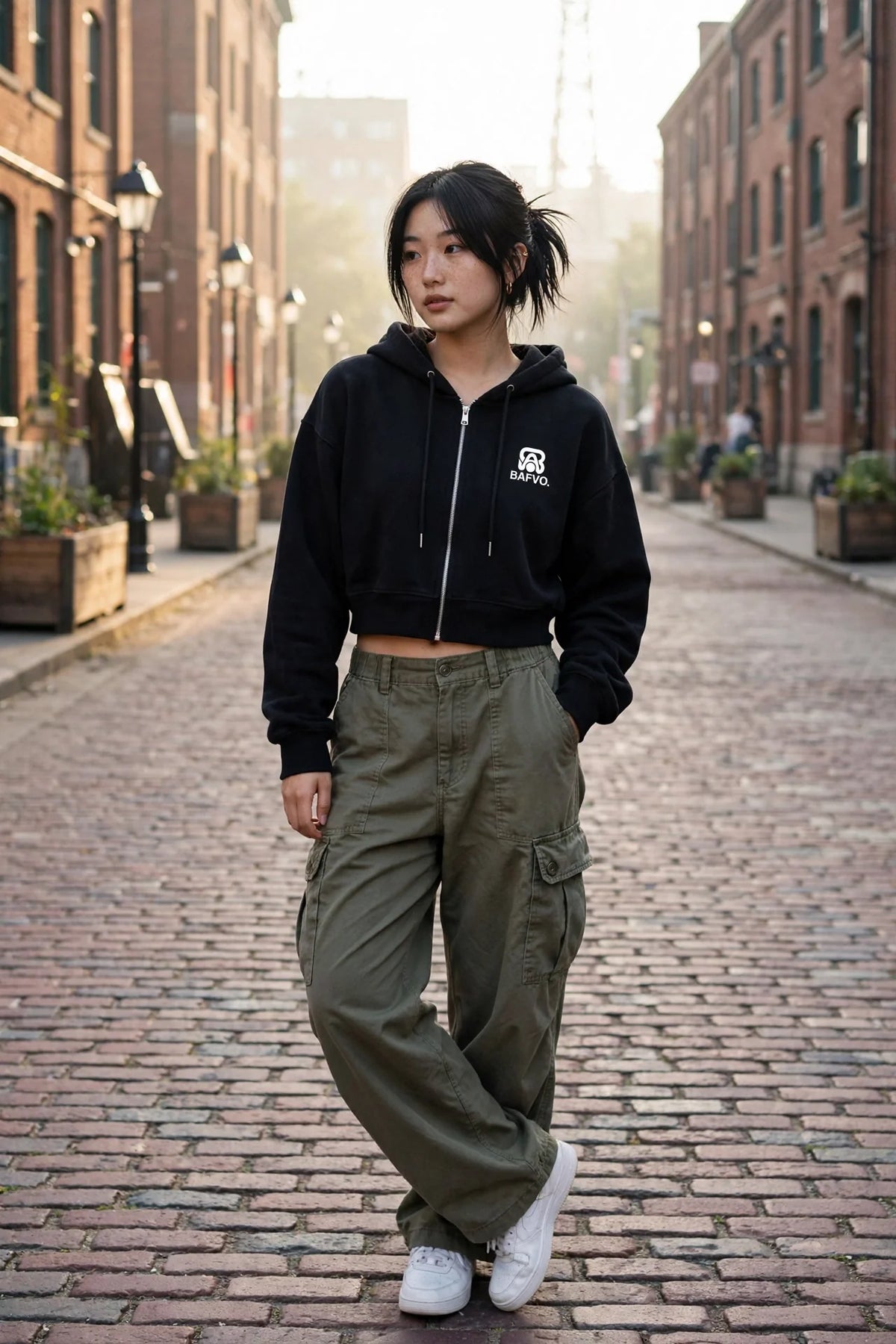 Woman wearing a black BAFVO cropped zip-up hoodie on a cobblestone street in Toronto's Distillery District at sunrise