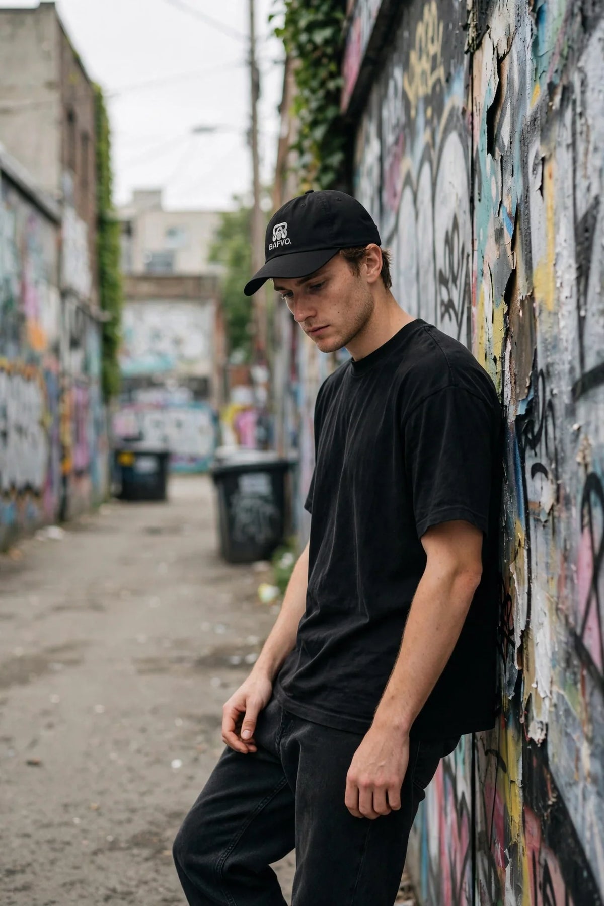 BAFVO Blackout cap styled with a streetwear outfit in a Toronto graffiti alley