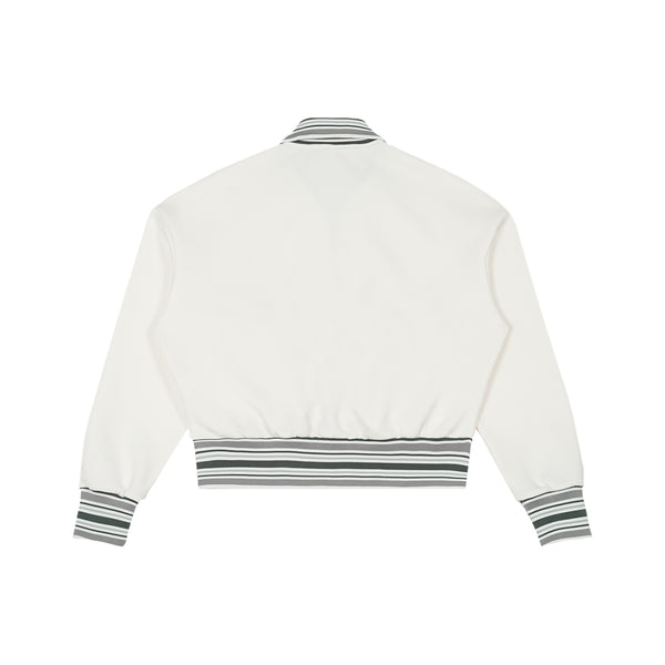 White varsity jacket with striped cuffs and waistband on a white background