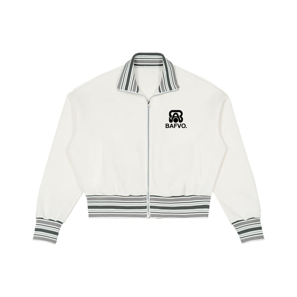 BAFVO Striped Rib Collar Zip Jacket in white with striped trim and chest logo