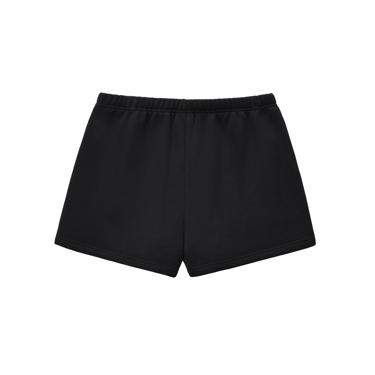 Rear view of BAFVO black fleece sweatshorts with elastic waistband, Toronto streetwear