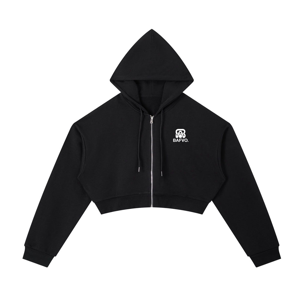 BAFVO Essential Cropped Zip-Up Hoodie in black with chest logo and hood up