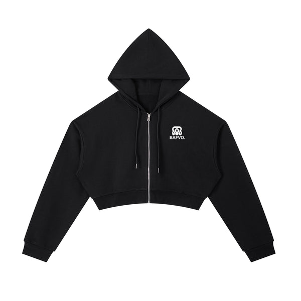 BAFVO Essential Cropped Zip-Up Hoodie in black with chest logo and hood up