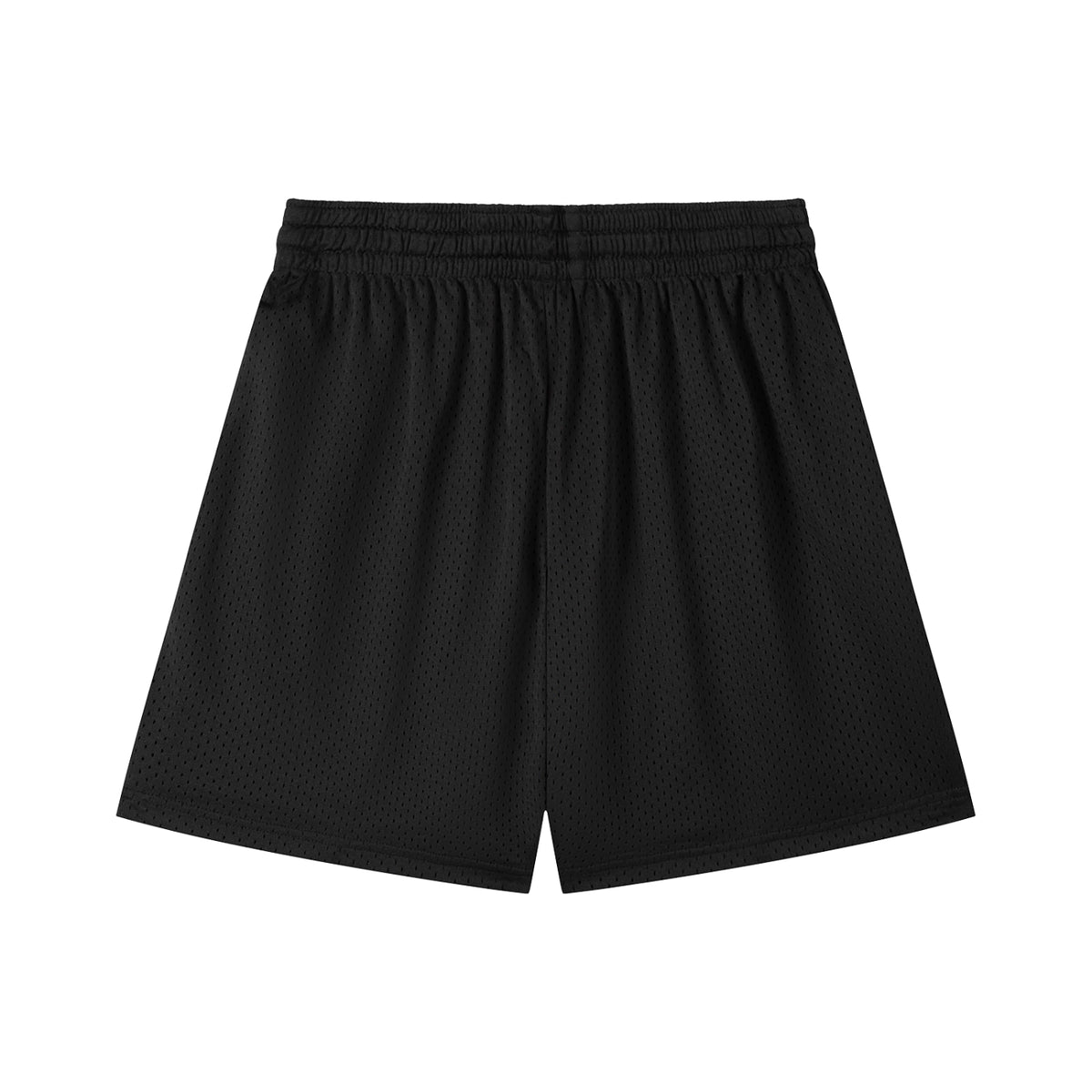 Rear view of BAFVO black mesh basketball shorts with elastic waistband, Toronto streetwear
