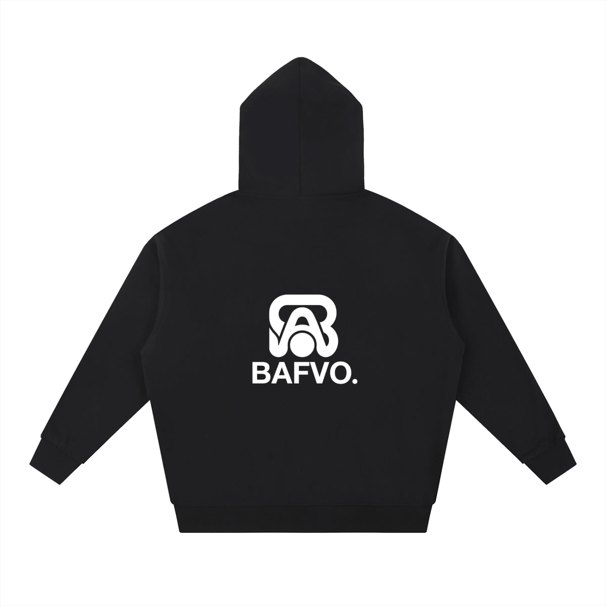 Back view of BAFVO black heavyweight hoodie with small white logo, Toronto streetwear