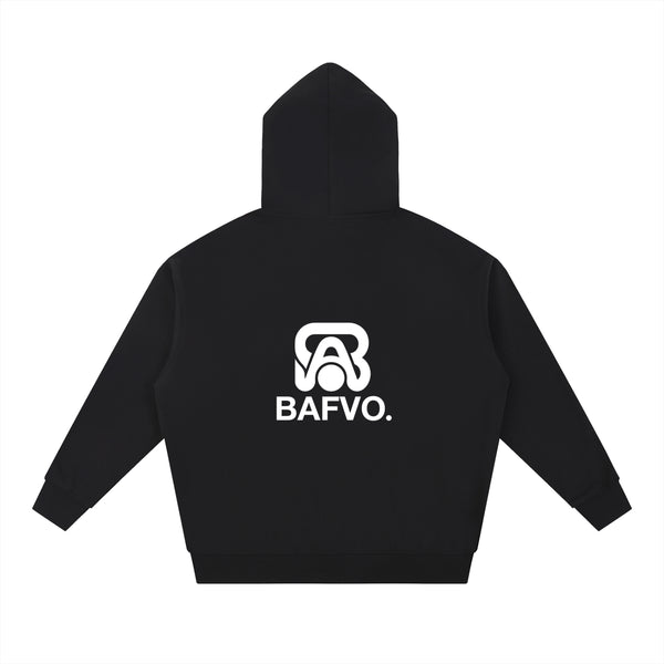 Back view of BAFVO black heavyweight hoodie with small white logo, Toronto streetwear