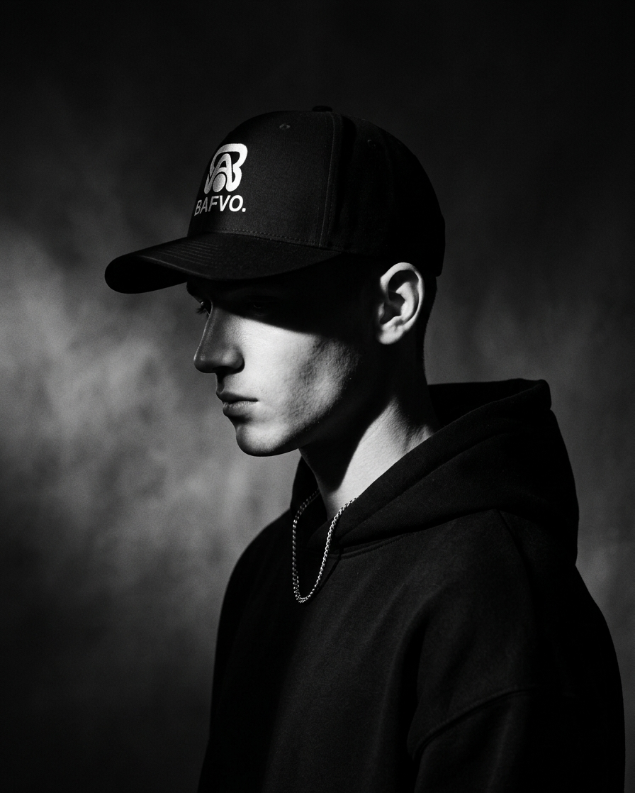Black-and-white portrait of a man in a black BAFVO cap and hoodie with chain, Toronto streetwear