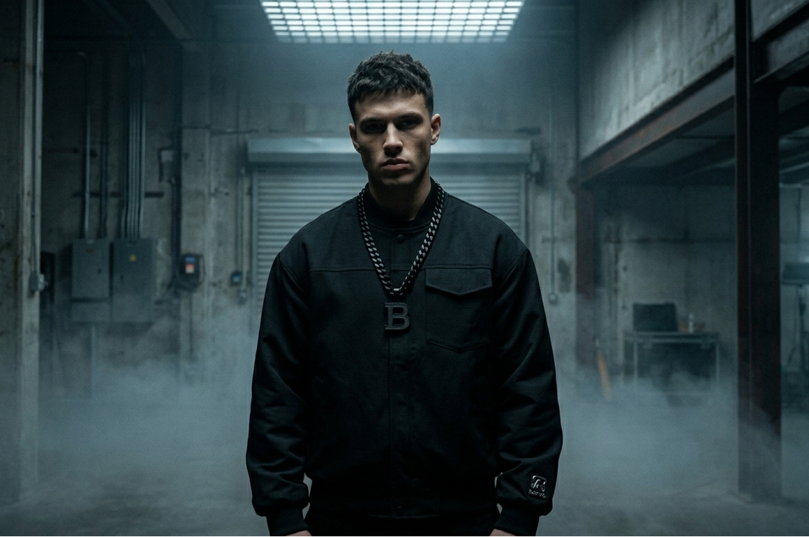 Man in black BAFVO streetwear with chain necklace in a dim industrial warehouse, Toronto streetwear