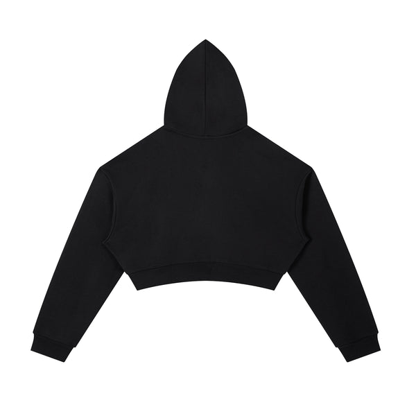 Back view of BAFVO black cropped zip-up hoodie with hood up, Toronto streetwear