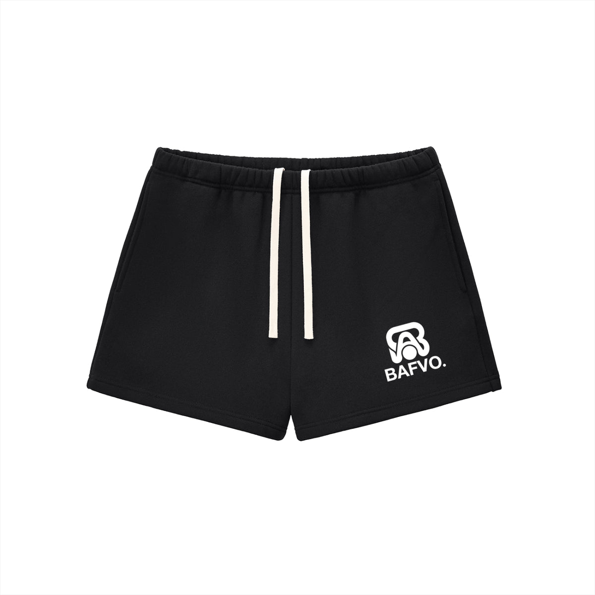 BAFVO Essential Fleece Drawstring Sweatshorts in black with white drawstrings and logo