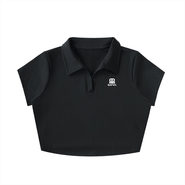 BAFVO V-Neck Lapel Crop Top in black with chest logo, Toronto streetwear