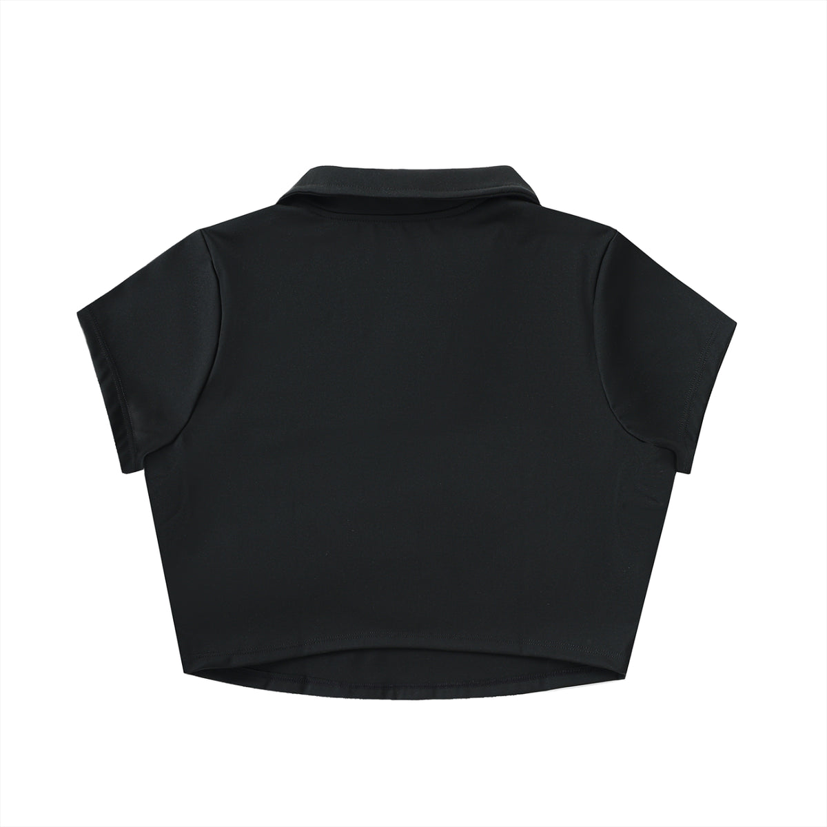 Back view of BAFVO black V-neck lapel crop top, Toronto streetwear