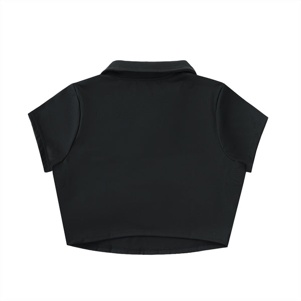 Back view of BAFVO black V-neck lapel crop top, Toronto streetwear