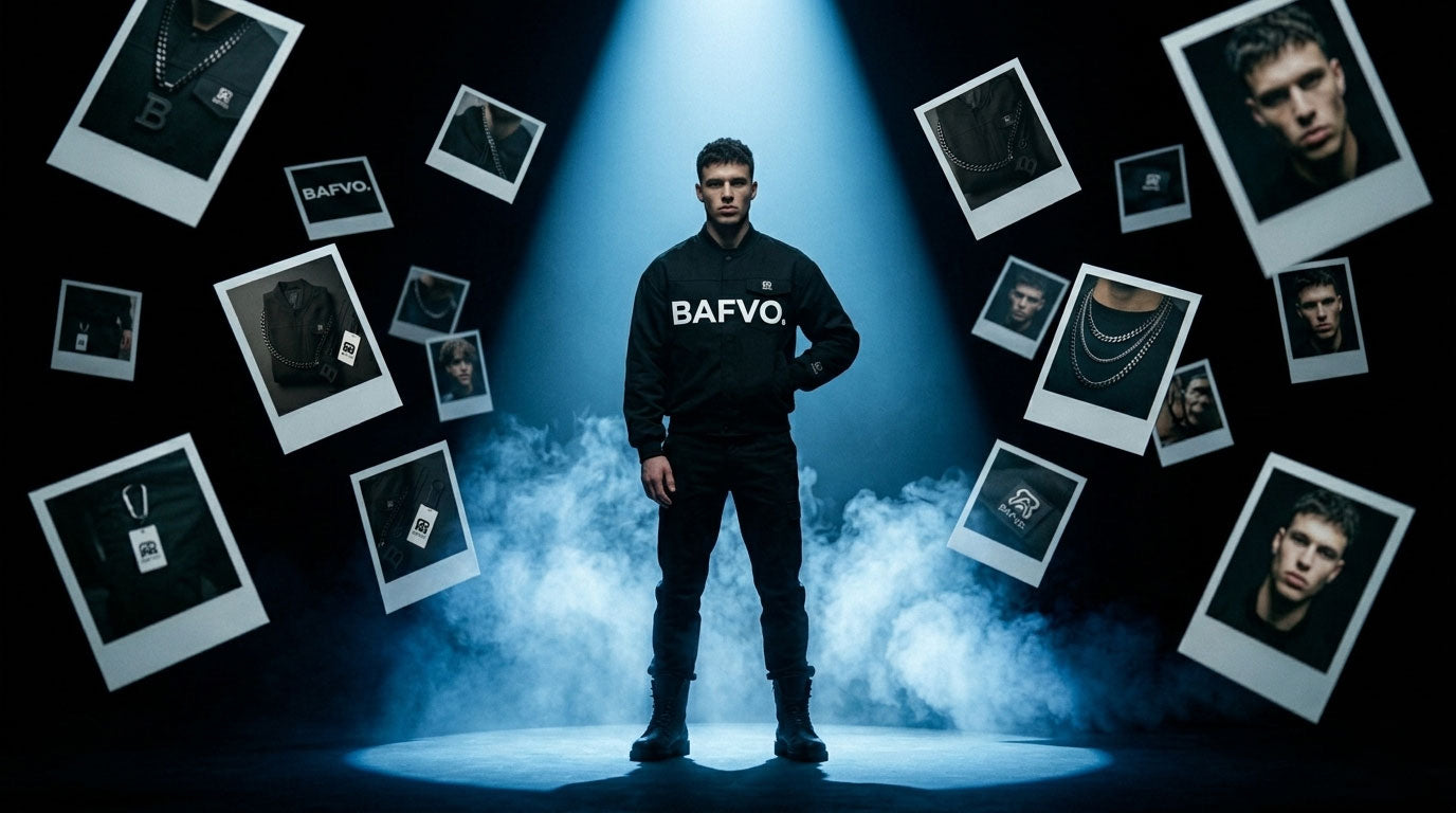 Man in black BAFVO tracksuit under a spotlight surrounded by floating polaroid product photos, Toronto streetwear
