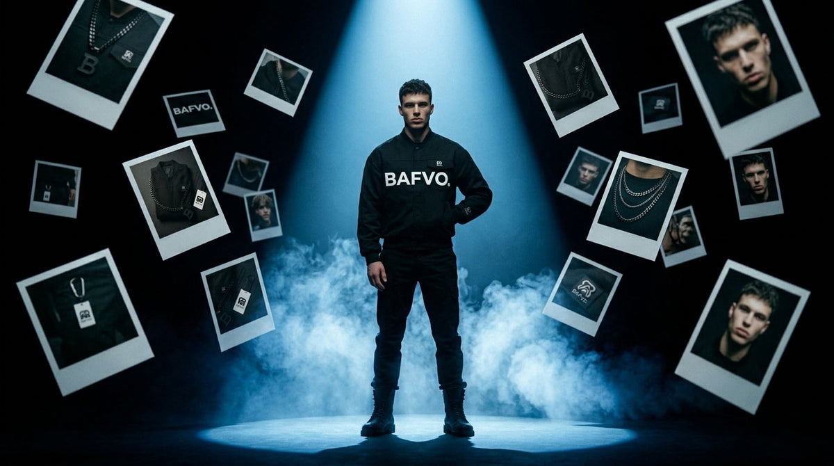Man in black BAFVO tracksuit under a spotlight surrounded by floating polaroid product photos, Toronto streetwear